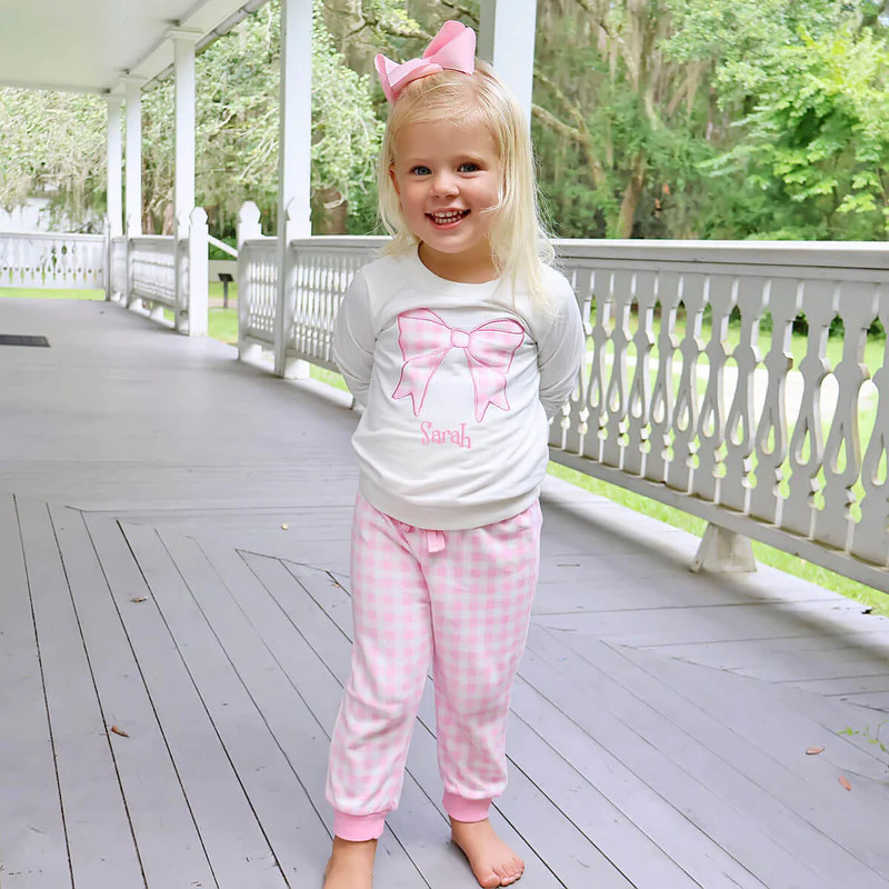 Bow Applique Pink Gingham Jogger Set | Classic Whimsy
