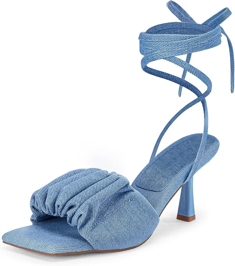 Coutgo Womens Strappy Heels Lace up Sandals Denim Square Open Toe Tie-up Heels Kitten Low Heel An... | Amazon (US)