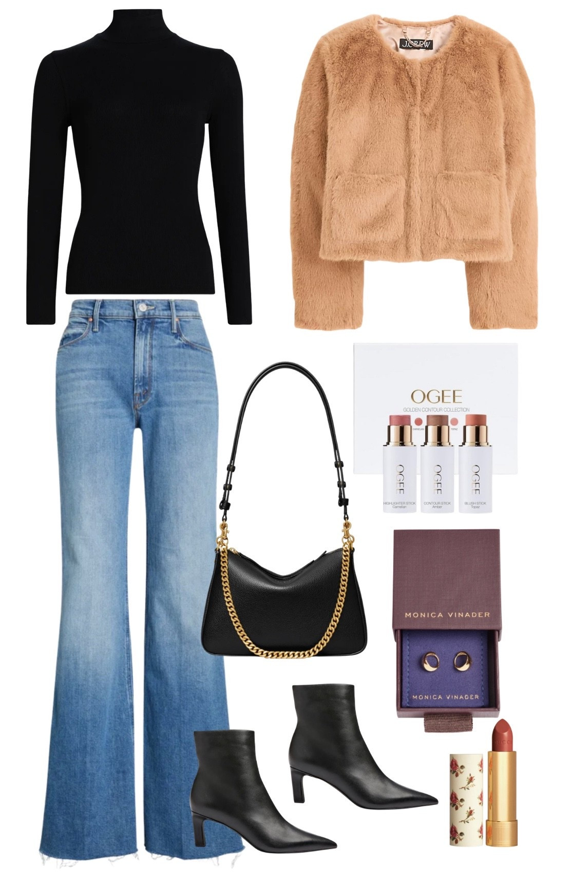 Faux fur jacket
Jeans 
Black booties 
Earrings 
Lipstick 

#LTKSeasonal #LTKSaleAlert #LTKFindsUnder100