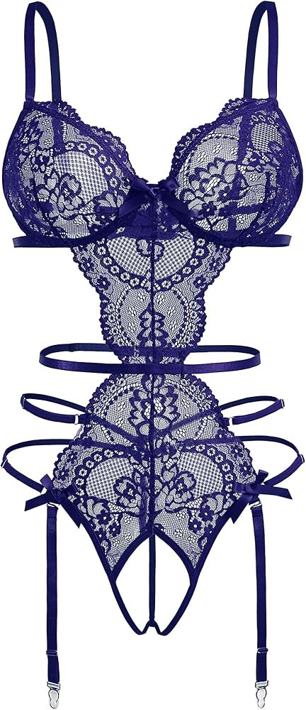 Avidlove Women's Deep V Teddy Lingerie Sexy Lace Bodysuit Cut Out Garter Lingerie Sets | Amazon (US)