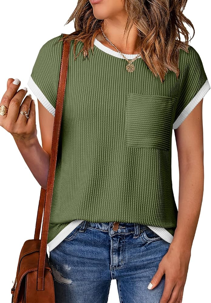 EVALESS Women's Short Sleeve T Shirts Crewneck Color Block Ribbed Knit Tee Blouses 2025 Trendy Su... | Amazon (US)