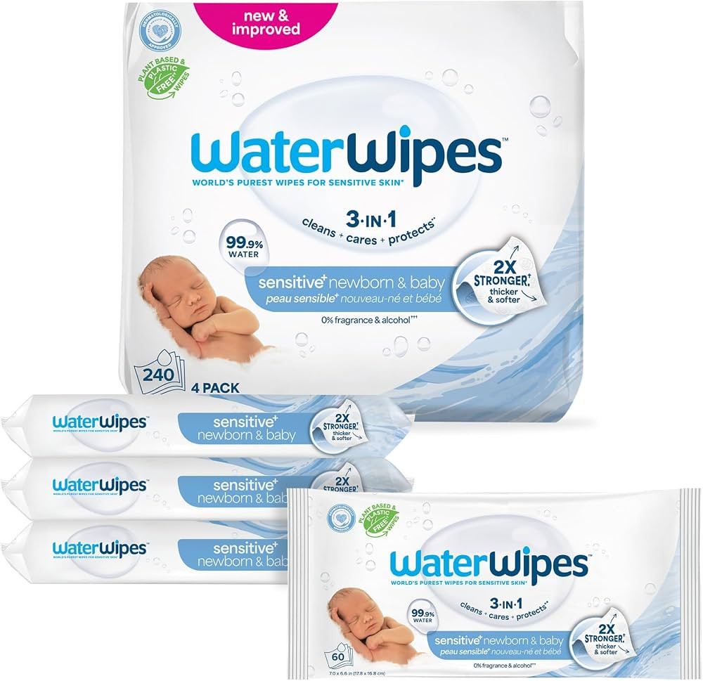 WaterWipes Sensitive+ Newborn & Baby Wipes, 3-In-1 Cleans, Cares, Protects, 99.9% Water, Unscente... | Amazon (US)