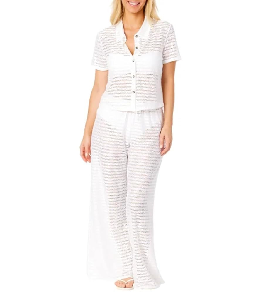 Women's 2 Piece Crochet Swim Cover Up Set, Short Sleeve Top and Pant | Amazon (US)