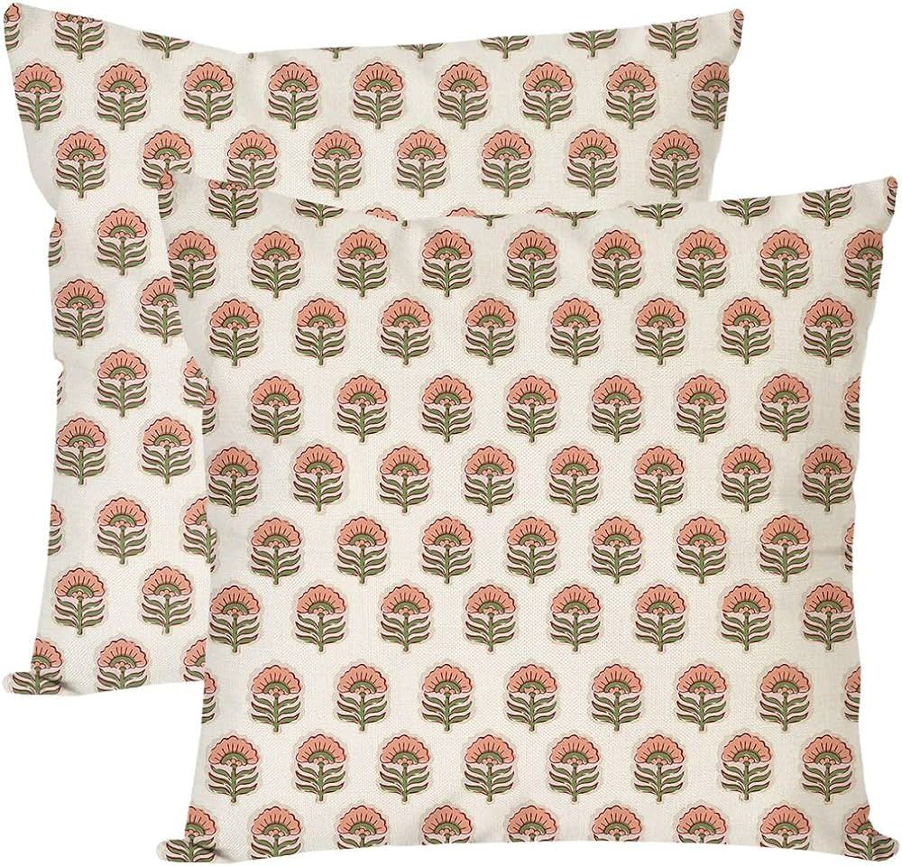 Block Print Throw Pillow Covers 18x18 Inch Set of 2 Green and Pink Boho Vintage Floral Outdoor De... | Amazon (US)