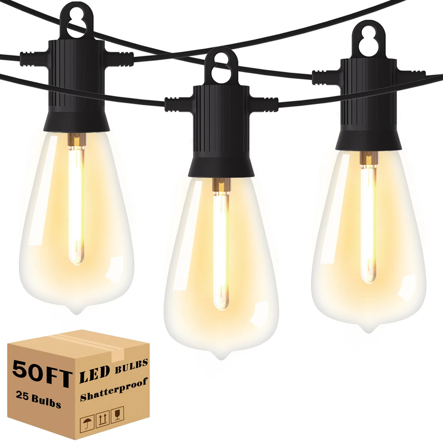 Arlmont & Co. 50FT LED Outdoor String Lights Patio Lights with 25 Shatterproof ST38 Bulbs,Connect... | Wayfair North America