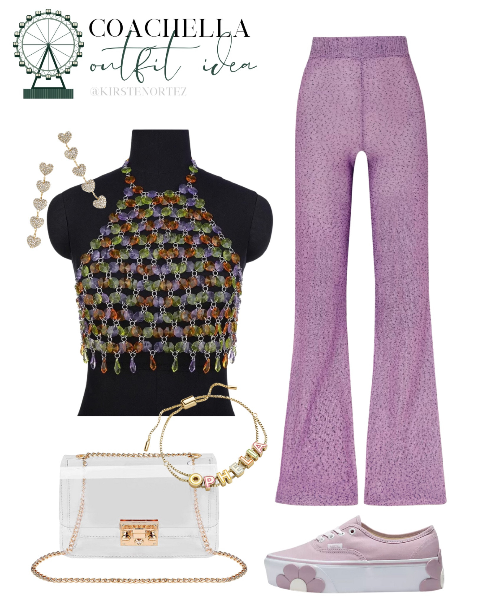Coachella outfit idea, Coachella outfit inspo, festival outfit idea, festival outfit inspo, rave outfit idea, concert outfit idea, beaded top, sparkly pants, bedazzled pants, rhinestone pants, platform sneakers, floral sneakers, purple sneakers, concert bag, festival bag, clear bag, statement earrings 

#LTKitbag #LTKshoecrush #LTKFestival