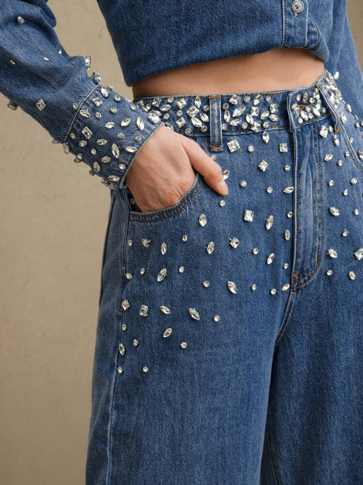 Anewsta Women's Rhinestone Embellished Loose Straight Leg Jeans, Elegant Business Casual | SHEIN