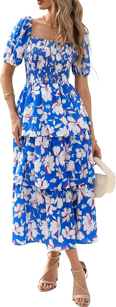 BTFBM Womens Square Neck Smocked Dress Summer Puff Short Sleeve Floral Casual Ruffle Tiered Maxi ... | Amazon (US)
