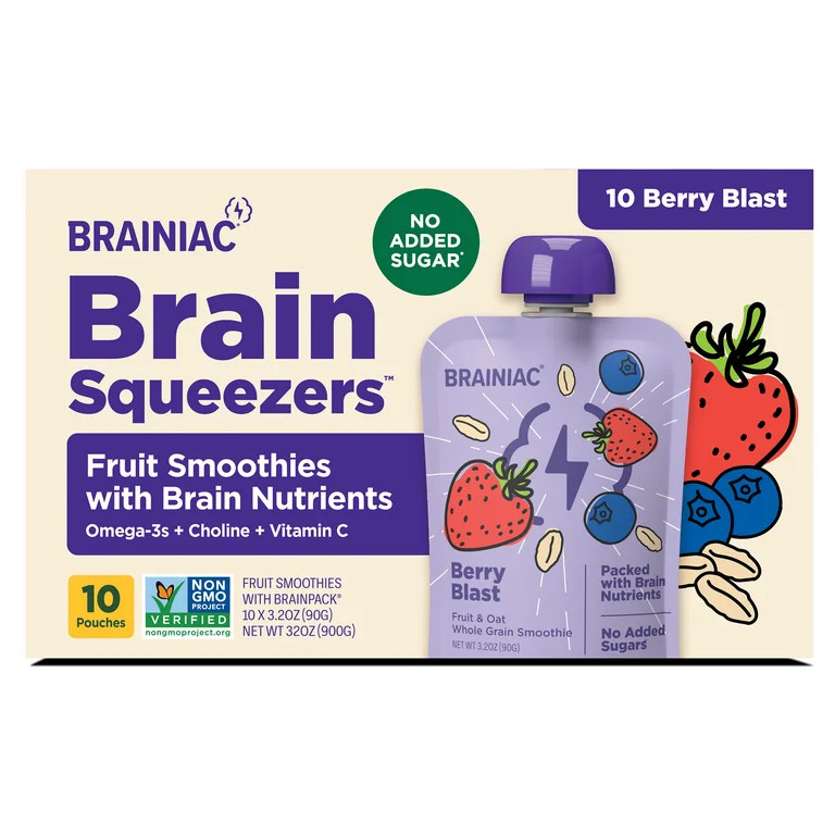 Brainiac Brain Squeezers Fruit & Yogurt with Omega-3s, Variety Pack, No Sugar Added, 3 oz, 10 Ct | Walmart (US)