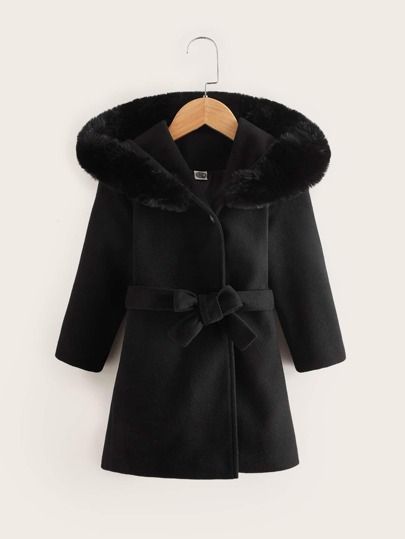 Toddler Girls Fuzzy Hooded Belted Overcoat | SHEIN