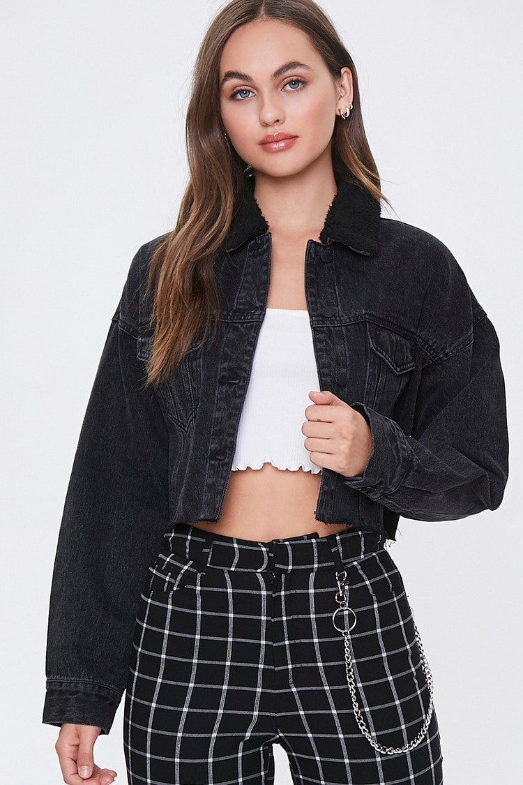 Fleece-Collar Denim Jacket in Black Large | Forever 21 (US)