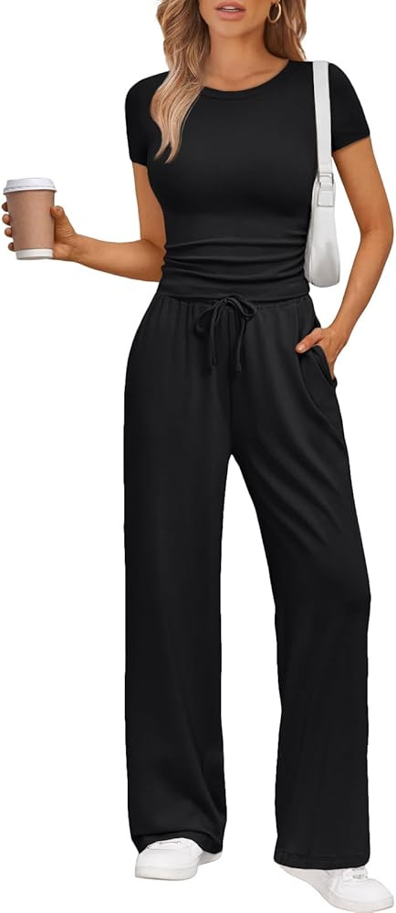 Trendy Queen 2 Piece Matching Summer Sweatsuit Lounge Set Womens Wide Leg Pants Side Ruching Crop... | Amazon (US)
