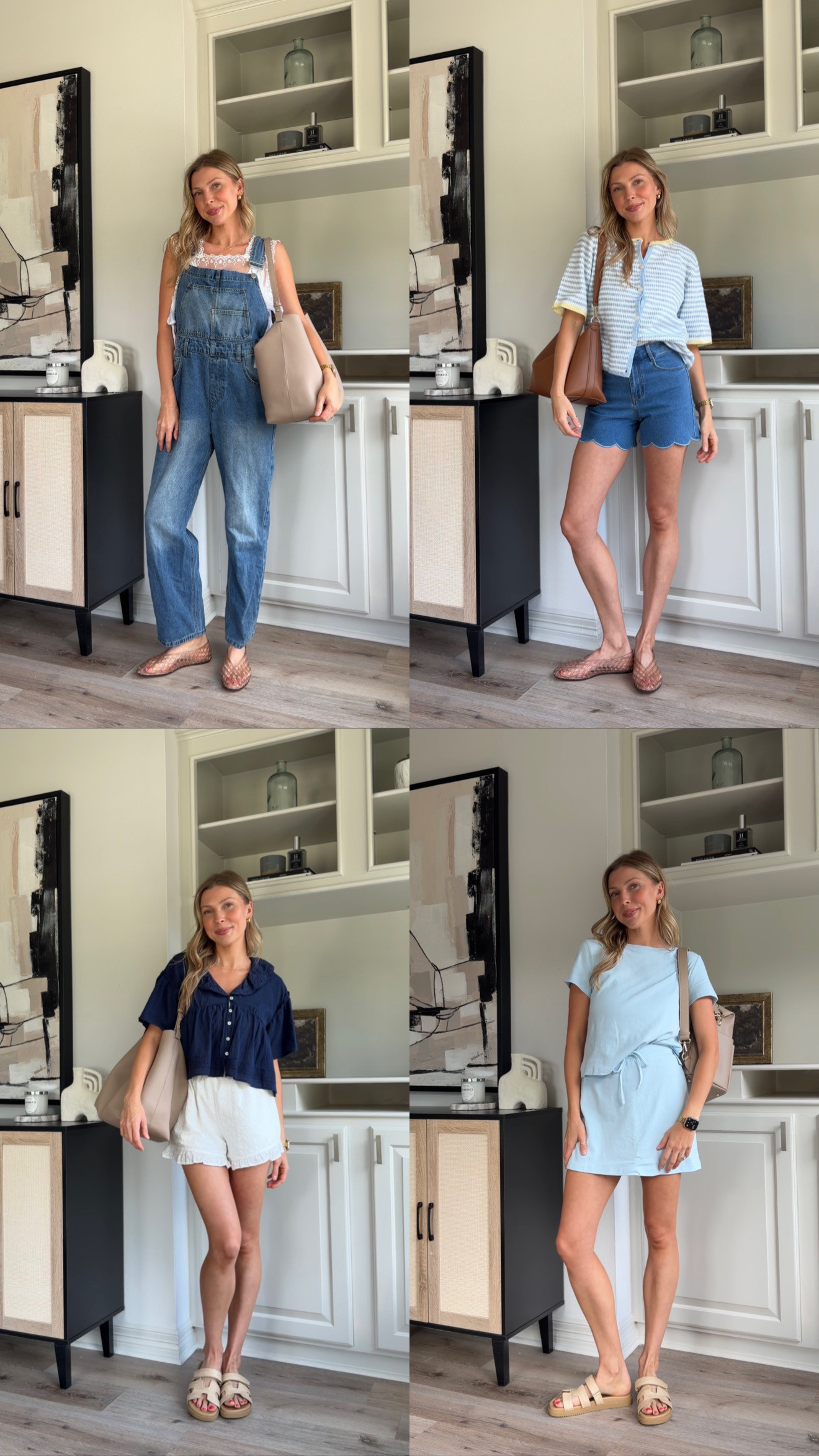 Cute summer mom outfits, nursing friendly! Wearing M in overalls, S in all tops, size 2 in scallop shorts, S in white flowy shorts, S blue matching set 

 #LTKootd #LTKmomlife