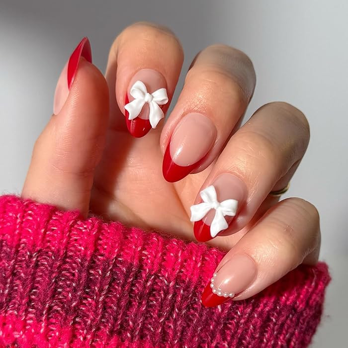 Valentines Day Glamnetic Press On Nails - Ruby Ribbons | Short Almond Fake Nails with Red French ... | Amazon (US)