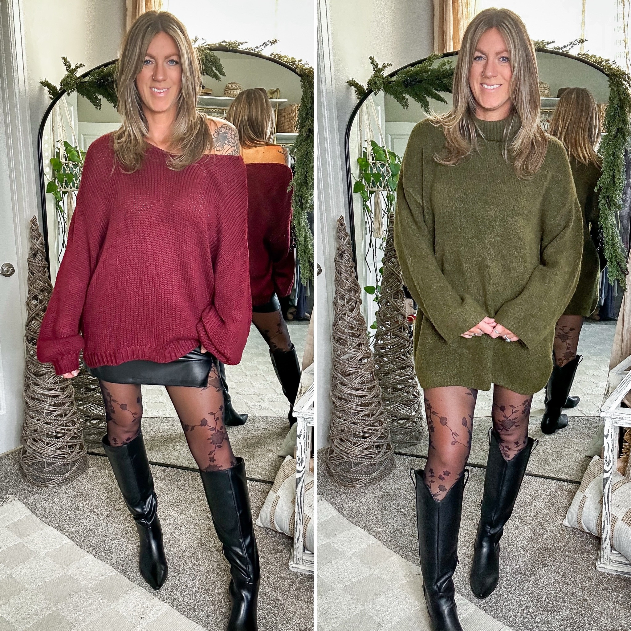 Thanksgiving outfit inspo - will also work for holiday parties 

L/XL in tights
Both sweaters are a large, fit oversized, could’ve sized down in both

#LTKParties #LTKHoliday #LTKMidsize