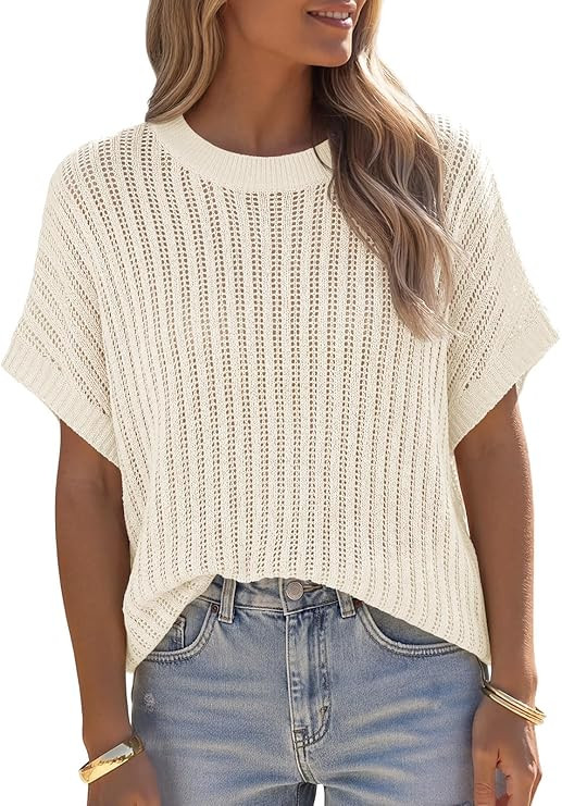 Saodimallsu Womens Crochet Tops Batwing Short Sleeve Summer Crew Neck Lightweight Loose Knit Pull... | Amazon (US)