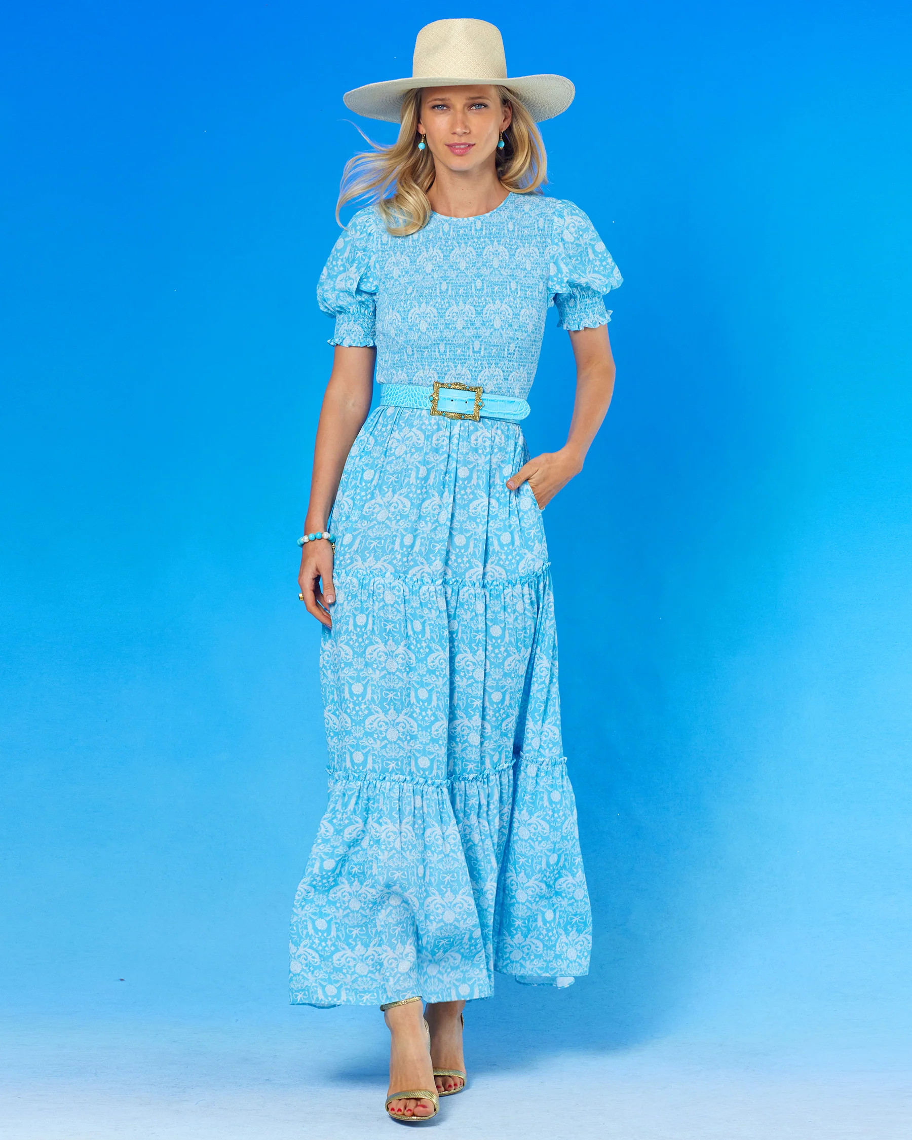 Kitty Puff Sleeve Maxi Dress in Regency Porcelain Ribbons | NICOBLU