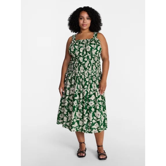 Time and Tru Women's and Women's Plus Sleeveless Smocked Peasant Midi Dress, Sizes XS-4X | Walmart (US)