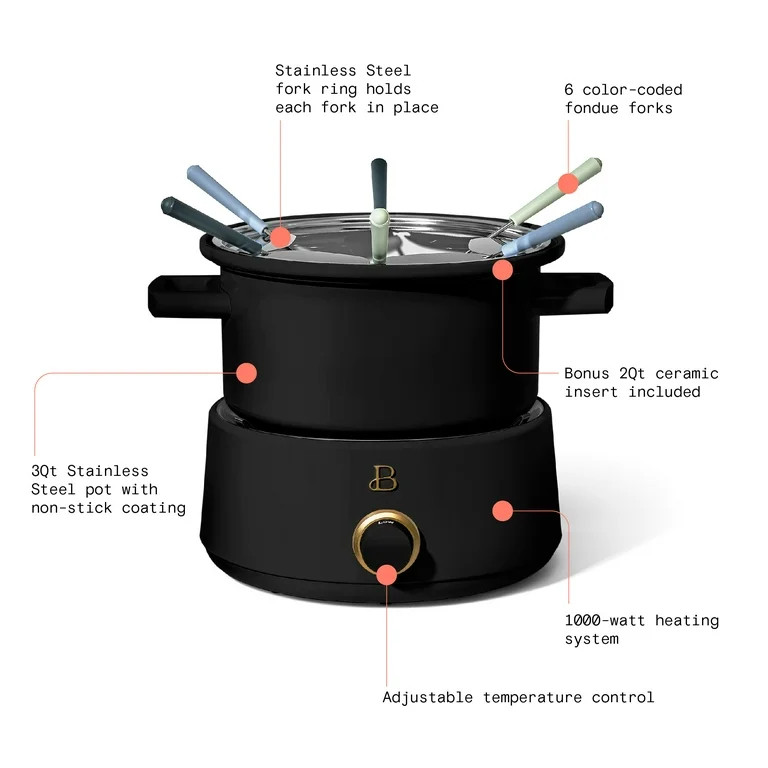 Beautiful 3 Qt Electric Fondue Set with Bonus 2 qt Ceramic Pot, Black Sesame by Drew Barrymore | Walmart (US)