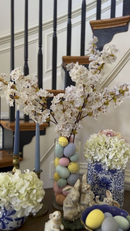 Easter eggs and faux cherry blossom flower stalks. Flower arrangements for any holiday. Centerpieces. Tablescapes. Pastel colored decor and decorations for spring  

#LTKhome #LTKVideo #LTKSeasonal