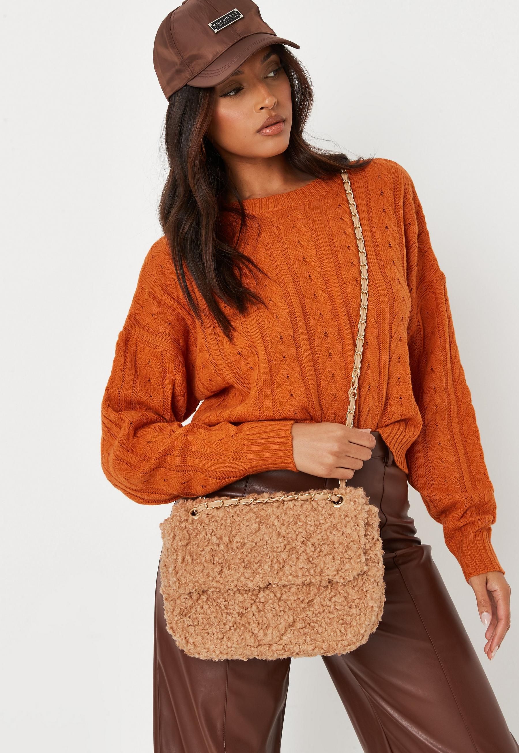 Missguided - Tan Shearling Quilted Chain Strap Bag | Missguided (US & CA)