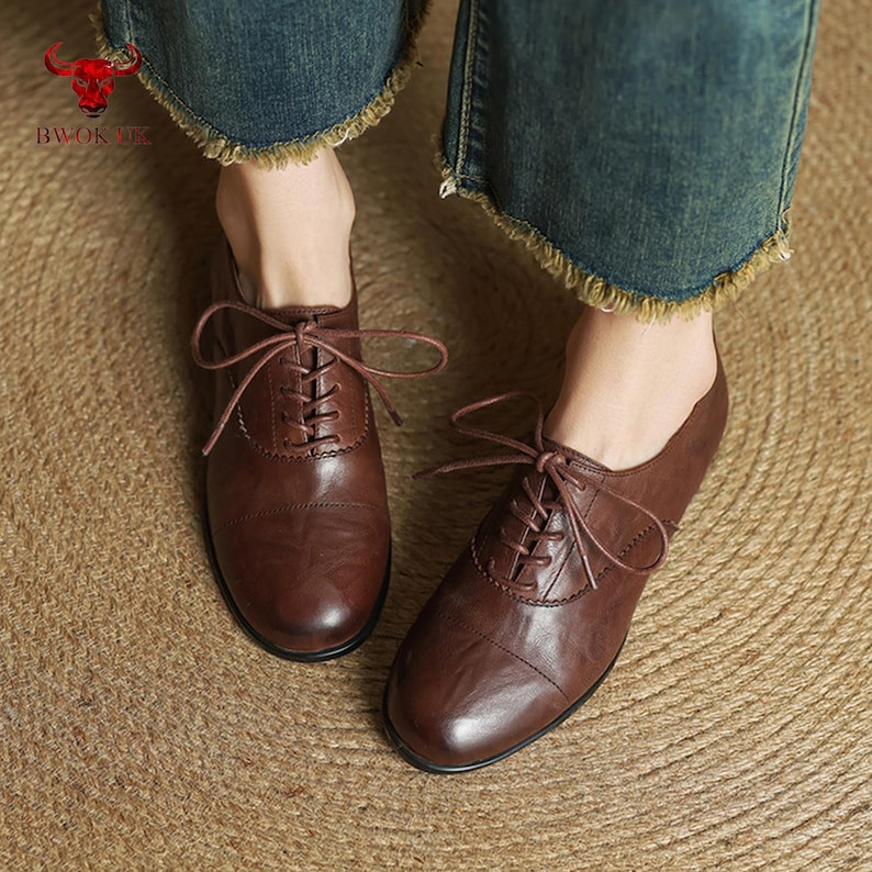 Vintage Women’s Oxford Shoes – Handmade Dark Brown Leather Derby Flats, Elegant Lace-up Retro... | Etsy (US)