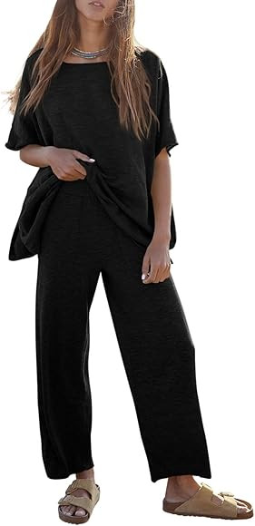 Tankaneo Women's 2 Piece Travel Outfits Casual Short Sleeve Knit Sweater Set Wide Leg Pants Loung... | Amazon (US)