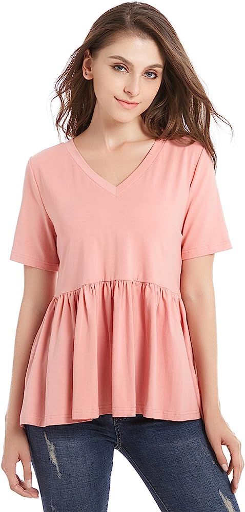 ZURIFFE Women's Summer V Neck Short Sleeve Cotton Loose T Shirts Ruffle Babydoll Peplum Swing Top... | Amazon (US)