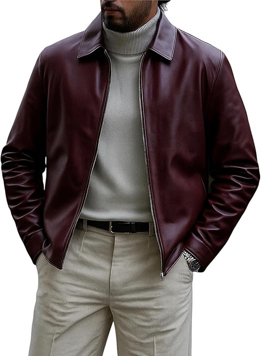 Classic Polo Collar Leather Jacket Men-Work Jackets Turndown Collar Business Casual | Amazon (US)