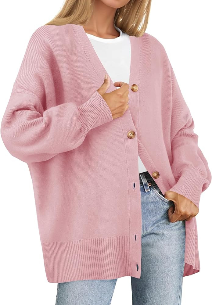 ZESICA Women's 2023 Casual Long Sleeve Cardigan V Neck Button Down Open Front Knit Loose Oversize... | Amazon (US)