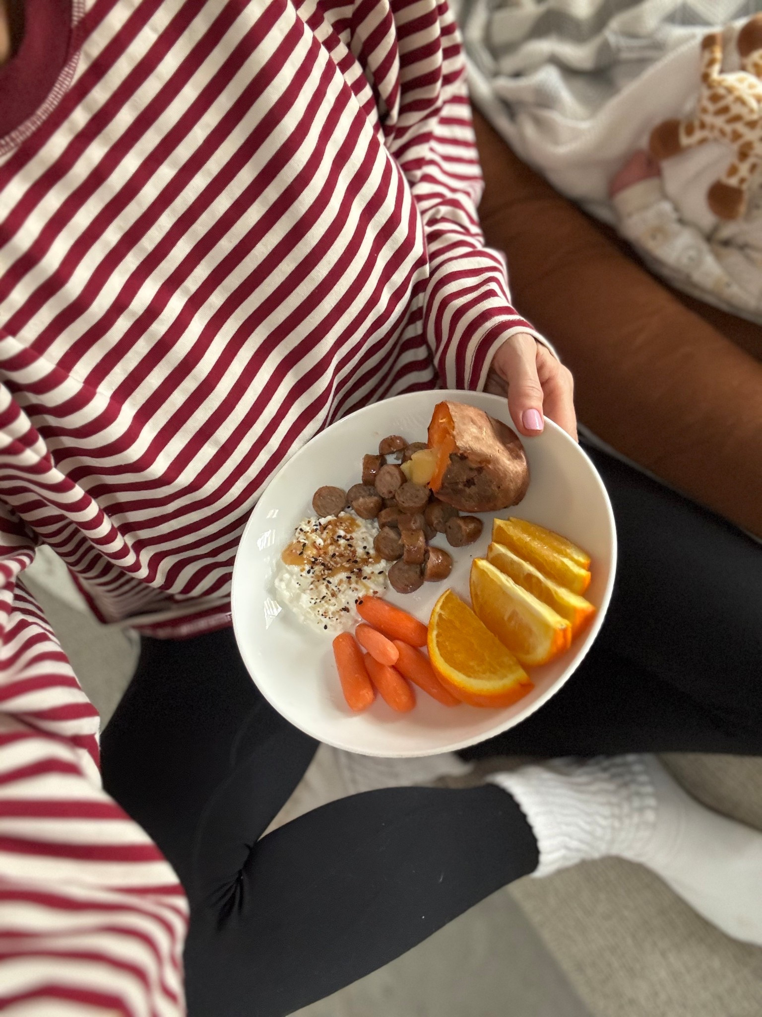 The best striped shirt, comfy leggings, and scrunchy socks. Plus a snack plate for lunch🥰😋

#LTKmomlife #LTKootd #LTKfoodie