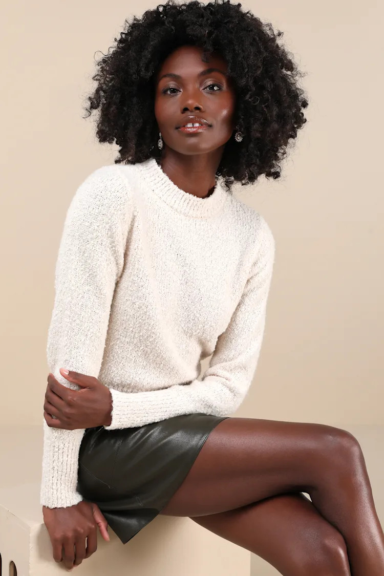 Enviably Cozy Ivory Boucle Knit Crew Neck Pullover Sweater | Lulus