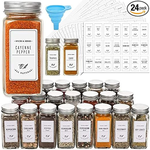 AOZITA 24 Pcs Glass Spice Jars with White Printed Spice Labels - 4oz Empty Square Spice Bottles -... | Amazon (US)