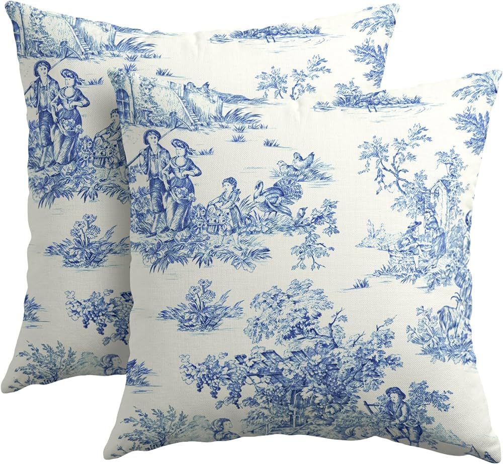 French Country Pillow Covers 22x22 Inch Set of 2 Vintage Toile Blue Cottage Outdoor Decorative Th... | Amazon (US)