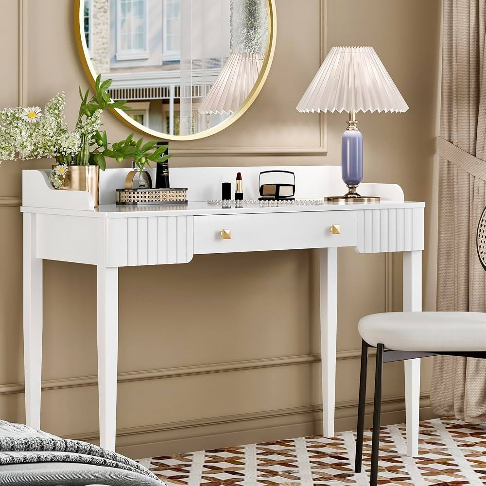White Vanity Desk Wooden Desk with Drawer Modern Desk Computer Desk White Makeup Table with Gold ... | Amazon (US)