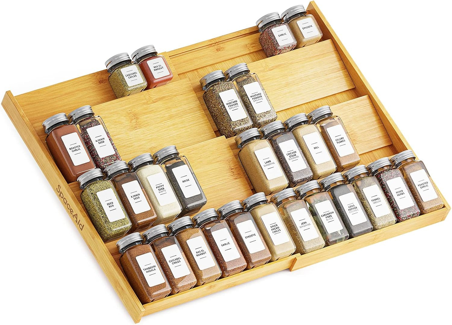 SpaceAid Bamboo Spice Drawer Organizer, (Need 3" Deep Drawer) Expandable 4 Tier Spices Rack for Cabinet, Kitchen Seasoning Storage Insert (Jars Not Included, From 12" to 23" Wide) | Amazon (US)