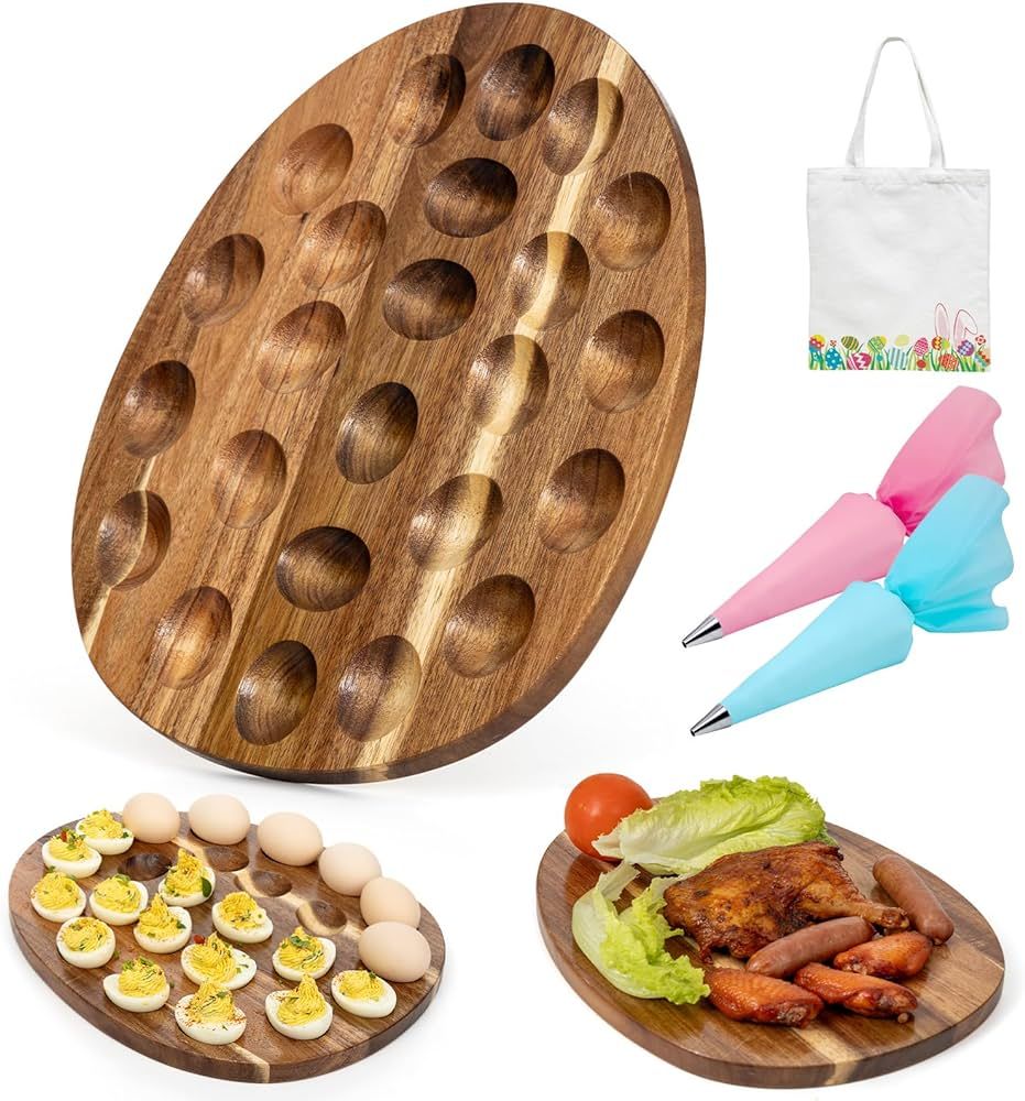 Girvem Wood Deviled Egg Platter 24 Egg Slots, Reversible Charcuterie Board Set, Deviled Egg Tray ... | Amazon (US)
