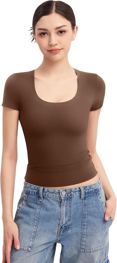 PUMIEY Women's T Shirts Short Sleeve Scoop Neck Basic Going Out Tops Fashion Slim Fit Tee Smoke C... | Amazon (US)