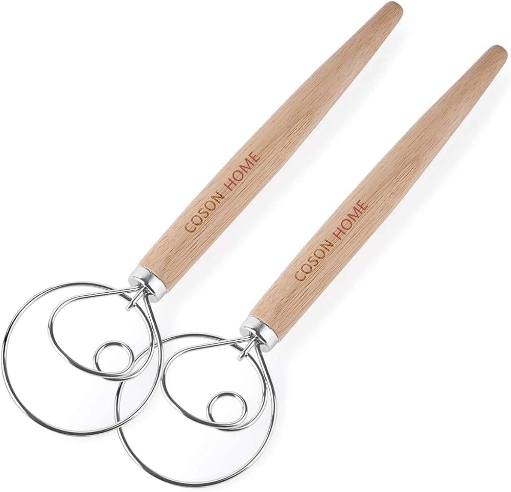 Pack of 2 Danish Dough Whisk Blender Dutch Bread Whisk Hook Wooden Hand Mixer Sourdough Baking To... | Amazon (US)