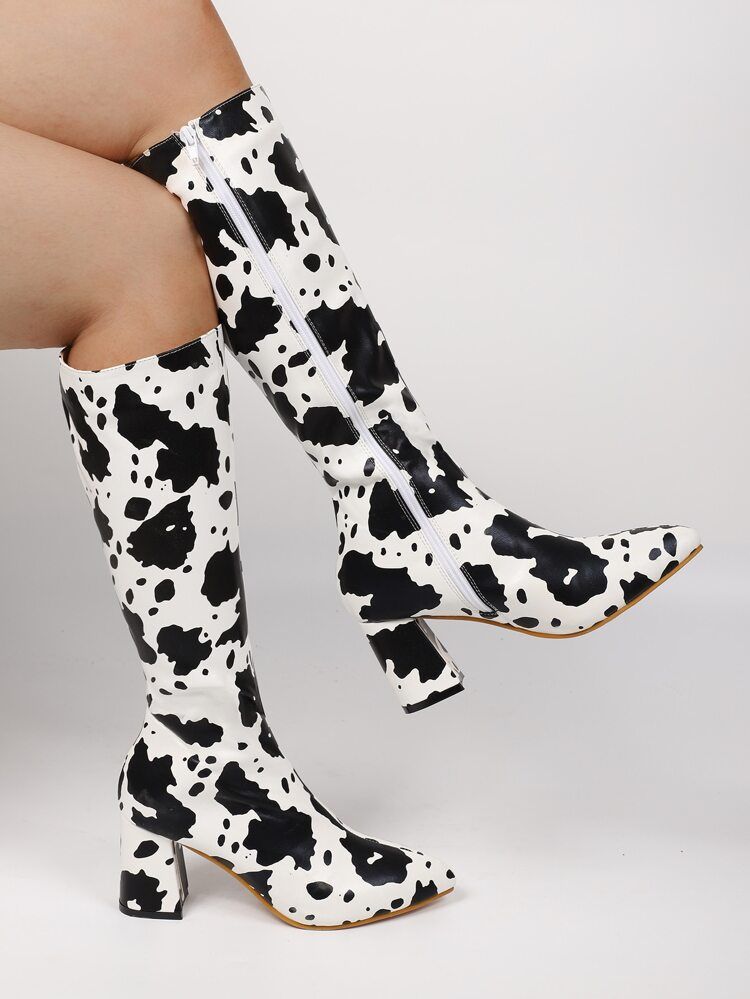Side Zipper Cow Print Chunky Boots | SHEIN