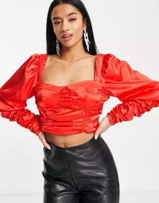 Collective the Label Petite ruched bow back crop top and mini skirt co-ord in re | ASOS | ASOS (Global)