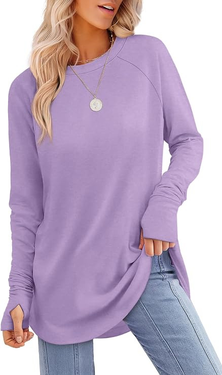 XIEERDUO Womens Tunic Tops to Wear with Leggings Long Sleeve Thumb Hole Shirts Crew Neck Curved H... | Amazon (US)