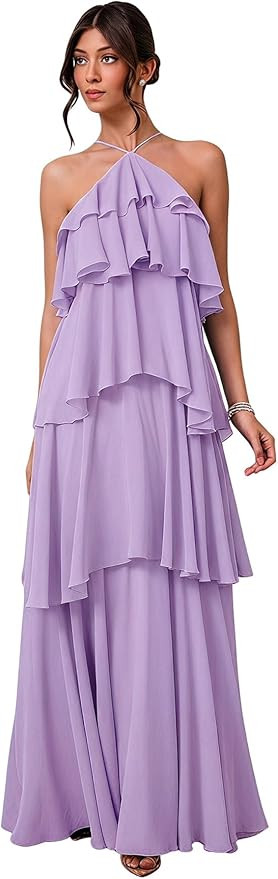 SOLY HUX Women's Sundresses Ruffle Layered Halter Flowy Maxi Dress Elegant Wedding Guest Dresses | Amazon (US)