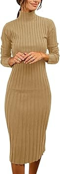 MEROKEETY Women's Ribbed Long Sleeve Sweater Dress High Neck Slim Fit Knitted Midi Dress | Amazon (US)