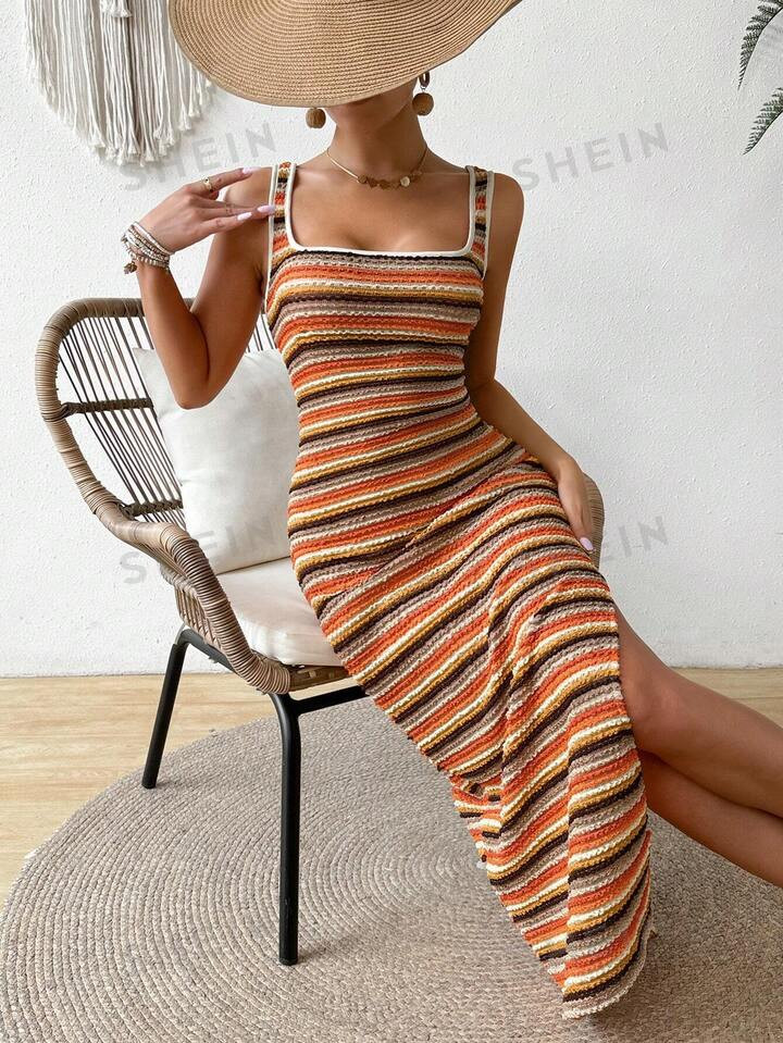 SHEIN VCAY Women's Contrast Color Striped Square Neck Sleeveless Bodycon Dress With Side Slit, Su... | SHEIN