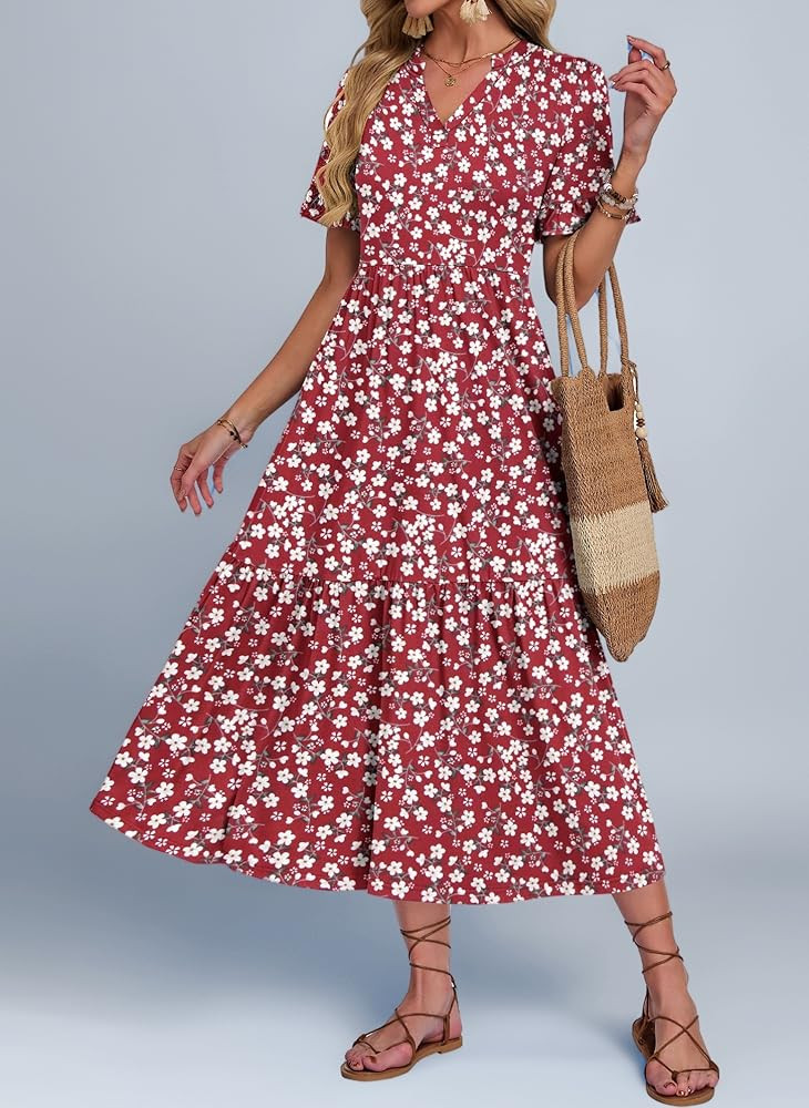 AUSELILY Sommerkleid Damen Lang V Ausschnitt Maxikleider Damen Sommer Rüschen Kurzarm Strandklei... | Amazon (DE)