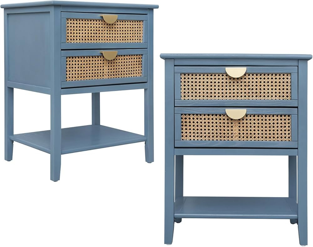 Rattan Nightstand, American Furniture End Table Side Table, Small Sofa Table with 2 Natural Ratta... | Amazon (US)