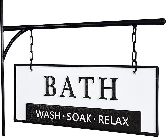 Double-Sided Bathroom Door Hanging Sign, Embossed Black on White Enamel Metal Sign with Bracket, ... | Amazon (US)