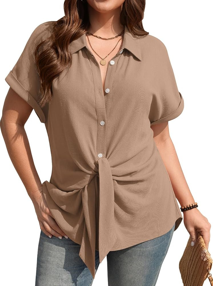 TARSE Women Linen Shirt Tie Front Button Down Shirt Collared Short Sleeve Blouse Casual Summer To... | Amazon (US)