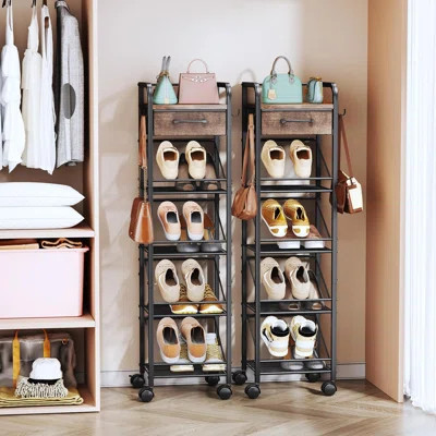 Rolling Vertical Shoe Rack , Shoe Tower With Drawer And Hooks, Shoe Storage Organizer For Entryway Closet Bedroom, Space-Saving Wood And Metal Narrow | Wayfair North America